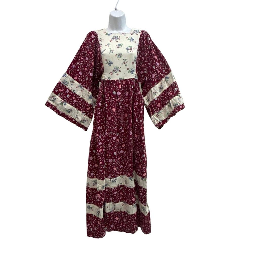 Vtg 70’s homemade burgundy floral bellsleeve maxi dress prairie boho Hippie S/PM